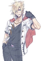 Rule 34 | 1boy, adjusting clothes, belt buckle, black gloves, black pants, black shirt, blonde hair, blue eyes, buckle, cape, cowboy shot, final fantasy, final fantasy type-0, gloves, hair between eyes, hand in pocket, jacket, looking to the side, male focus, nakagawa waka, nine (fft-0), open mouth, pants, red cape, scar, scar on face, scar on nose, shirt, short hair, short sleeves, sketch, smile, solo, spiked hair, toned, toned male, white background, white jacket