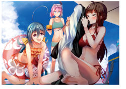 Rule 34 | &gt; &lt;, 10s, 3girls, :d, ahoge, air pump, all fours, alternate costume, bare legs, barefoot, beach, beach umbrella, bikini, blowing, blue eyes, blue one-piece swimsuit, brown hair, closed eyes, cloud, cloudy sky, day, diving mask, diving mask on head, double bun, frilled bikini, frills, goggles, goggles on head, green bikini, grey eyes, grey hair, hair between eyes, hair bun, hair ribbon, huge ahoge, inflatable orca, inflatable toy, inflating orca, innertube, jitome, kantai collection, kiyoshimo (kancolle), kongou (kancolle), konkito, looking at another, midriff, multiple girls, navel, ocean, one-piece swimsuit, open mouth, orange one-piece swimsuit, pink hair, ponytail, pump, red bikini, ribbon, shiranui (kancolle), short hair, side-tie bikini bottom, sky, smile, snorkel, soles, standing, swim ring, swimsuit, toes, umbrella, yellow ribbon