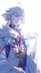 Rule 34 | 1boy, absurdres, closed mouth, earrings, fate/grand order, fate (series), hair between eyes, highres, holding, holding teapot, hood, hood down, jewelry, k7 (kk7 000), light smile, long sleeves, looking at viewer, male focus, merlin (fate), purple eyes, solo, teapot, white background, white hair, wide sleeves