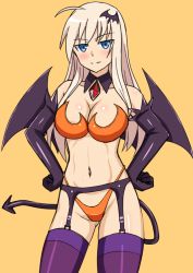 Rule 34 | 1girl, bat hair ornament, bikini, black collar, black garter belt, black gloves, black wings, blonde hair, blue eyes, blush, breasts, brooch, cleavage, closed mouth, collar, commentary, cowboy shot, demon tail, demon wings, detached collar, elbow gloves, garter belt, gloves, hachimitsu-b, hair ornament, halloween, halloween costume, hands on own hips, hanna-justina marseille, highleg, highleg bikini, jewelry, large breasts, long hair, looking at viewer, navel, orange background, orange bikini, purple thighhighs, simple background, smile, solo, standing, strapless, strapless bikini, strike witches, swimsuit, tail, thighhighs, wing collar, wings, witches of africa, world witches series