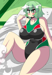 Rule 34 | 1girl, akasode (tyaramu), bare shoulders, blush, breasts, competition swimsuit, green eyes, green hair, large breasts, matching hair/eyes, one-piece swimsuit, parted lips, sideboob, sitting, soga no tojiko, solo, swimsuit, tatami, touhou