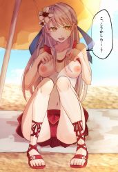 Rule 34 | ..., 1girl, absurdres, bare shoulders, beach, bikini, bikini skirt, bikini top lift, blush, breasts, clothes lift, collarbone, commentary request, commission, cross-laced sandals, fire emblem, fire emblem: radiant dawn, fire emblem heroes, flower, front-tie top, gladiator sandals, gloves, grey hair, hair flower, hair ornament, hair ribbon, highres, lifted by self, long hair, marumekoru, medium breasts, micaiah (fire emblem), navel, nervous, nintendo, nipples, official alternate costume, parasol, red bikini, red footwear, red gloves, ribbon, sand, sandals, sitting, skeb commission, solo, speech bubble, sweatdrop, swimsuit, toeless footwear, toenails, toes, towel, translation request, umbrella, wavy mouth, yellow eyes