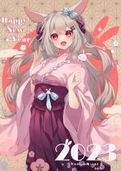 Rule 34 | 1girl, 2023, :d, absurdres, animal ears, blue bow, bow, brown background, chinese zodiac, commentary request, ear bow, frilled kimono, frills, grey hair, hair between eyes, hakama, hakama skirt, hands up, happy new year, heart, highres, hinata (user rjkt4745), japanese clothes, kimono, long hair, long sleeves, looking at viewer, nail polish, new year, open mouth, original, pink kimono, pink nails, purple hakama, rabbit ears, red eyes, skirt, smile, solo, very long hair, wide sleeves, year of the rabbit