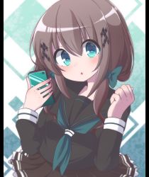 1girl :o black_sailor_collar black_serafuku black_shirt black_skirt blue_bow blue_eyes blue_neckerchief bow brown_hair cellphone hair_between_eyes hair_bow hands_up highres holding holding_phone long_sleeves looking_at_viewer neckerchief original parted_lips phone pillarboxed pleated_skirt rensei sailor_collar school_uniform serafuku shirt skirt solo