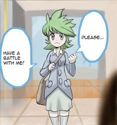 Rule 34 | 10s, 1girl, bag, buttons, clenched hand, coat, creatures (company), english text, game freak, gender request, genderswap, green hair, green thighhighs, grey eyes, handbag, highres, indoors, long sleeves, looking at viewer, nintendo, pokemon, pokemon oras, regigigass, skirt, solo, spiked hair, standing, thighhighs, wally (pokemon), zettai ryouiki
