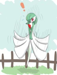 Rule 34 | !, 1girl, artist request, blue background, blue sky, blurry, blush, blush stickers, creatures (company), day, embarrassed, female focus, fence, flying sweatdrops, full body, game freak, gardevoir, gen 3 pokemon, grass, green hair, hair over one eye, highres, jumping, motion blur, motion lines, nintendo, outdoors, own hands together, pokemon, pokemon (creature), pokemon rse, red eyes, short hair, simple background, sky, solo, v arms, wind, wind lift