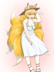 Rule 34 | 1girl, alternate costume, animal ears, armpits, bare arms, blonde hair, breasts, cleavage, collarbone, dress, ears through headwear, female focus, fox ears, fox tail, full body, hand on headwear, hat, hat ribbon, looking at viewer, multiple tails, nishishi, no socks, open mouth, pink background, ribbon, sandals, short hair, solo, sparkle, straw hat, sundress, tail, touhou, yakumo ran, yellow eyes