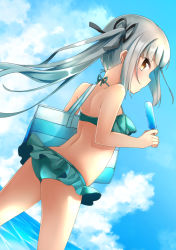 Rule 34 | 1girl, ass, bag, bare shoulders, bikini, black ribbon, blue sky, blush, cloud, comah, commentary request, cowboy shot, day, eating, food, frilled bikini, frills, from behind, green bikini, highres, holding, holding food, kantai collection, kasumi (kancolle), long hair, looking at viewer, ocean, open mouth, outdoors, popsicle, ribbon, shoulder bag, side ponytail, silver hair, sky, solo, standing, swimsuit, water, yellow eyes