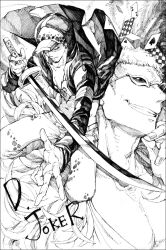 Rule 34 | 2boys, black hair, blonde hair, card, chest tattoo, denim, donquixote doflamingo, earrings, english text, feather coat, feathers, greyscale, heart, holding, holding sword, holding weapon, hood, hood up, hooded jacket, jacket, jeans, jewelry, luzy, male focus, monochrome, multiple boys, multiple earrings, muscular, muscular male, one piece, open clothes, pants, short hair, smile, spade (shape), sunglasses, sword, tattoo, third-party source, traditional media, trafalgar law, weapon, white-framed eyewear