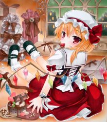 Rule 34 | 1girl, blonde hair, box, cake, candy, chocolate, chocolate bar, dress, eating, flandre scarlet, food, fork, fruit, gift, gift box, hat, hat ribbon, heart, heart-shaped food, looking at viewer, looking back, mary janes, mob cap, on floor, puffy short sleeves, puffy sleeves, red eyes, ribbon, shikishi, shoes, short sleeves, side ponytail, sitting, strawberry, touhou, traditional media, window, wings, wrist ribbon, yukitsuki kokoro