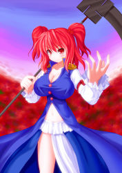 Rule 34 | 1girl, adapted costume, asamura hiori, bleach, blush, breasts, cleavage, female focus, hair bobbles, hair ornament, highres, large breasts, navel, onozuka komachi, red eyes, red hair, scythe, short twintails, skirt, smirk, solo, swastika, touhou, twintails, two side up