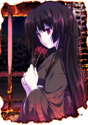 Rule 34 | 1girl, black hair, burnt, fire, flower, hair between eyes, hime cut, holding, japanese clothes, kimono, leaf, long hair, looking away, obi, open mouth, original, pale skin, profile, red eyes, sash, sidelocks, simk, solo, spider lily, upper body, very long hair, wide sleeves, yamabuki zarame