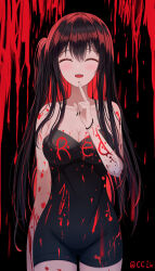 Rule 34 | 1girl, :d, ^ ^, absurdres, arm at side, armpit crease, bare shoulders, black background, black hair, black nails, black wristband, blood, blood on breasts, blood on clothes, blood on face, blood on hands, blood on leg, blood splatter, blood writing, blush, breasts, cc lin, chinese commentary, cleavage, closed eyes, collarbone, colored eyelashes, commentary request, cowboy shot, double-parted bangs, dress, eyelashes, facing viewer, finger to own chin, groin, hair between eyes, hair over breasts, hand up, highres, index finger raised, large breasts, lips, long hair, nail polish, open mouth, original, pixiv username, side ponytail, skin tight, smile, solo, standing, straight-on, straight hair, strapless, strapless dress, teeth, upper teeth only, very long hair