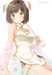 Rule 34 | 1girl, bare shoulders, blush, breasts, brown hair, china dress, chinese clothes, cleavage, cleavage cutout, closed mouth, clothing cutout, covered navel, dress, fang, fang out, green eyes, hairpods, highres, holding, holding staff, idolmaster, idolmaster cinderella girls, kinako (shiratama mochi), leaning to the side, maekawa miku, medium breasts, ribbon, shawl, shiny skin, short dress, short hair, side slit, simple background, sitting, sleeveless, sleeveless dress, smile, solo, staff, tareme, thigh strap, twitter username, white background, white dress, yellow ribbon