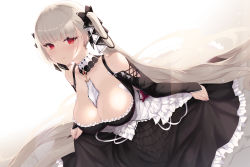 Rule 34 | 1girl, azur lane, bare shoulders, between breasts, black dress, blush, breasts, cait aron, cleavage, collarbone, detached collar, dress, earrings, formidable (azur lane), frilled dress, frills, grey hair, highres, jewelry, large breasts, long hair, long sleeves, looking at viewer, red eyes, ribbon, simple background, solo, twintails, two-tone dress, two-tone ribbon, very long hair, white background