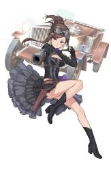 Rule 34 | 1girl, black footwear, black gloves, black skirt, boots, breasts, brown hair, car, cleavage, dorothy (princess principal), frilled skirt, frills, full body, gloves, goggles, goggles on head, gun, hair bun, highres, holster, looking at viewer, motor vehicle, official art, princess principal, princess principal game of mission, purple eyes, single hair bun, skirt, solo, transparent background, weapon