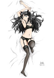 Rule 34 | 1girl, 2015, arm strap, armpits, arms up, bed sheet, black bow, black bra, black hair, black panties, black thighhighs, blue eyes, bow, bra, breasts, cleavage, dakimakura (medium), dated, fate/stay night, fate (series), from above, full body, garter belt, groin, hair between eyes, hair bow, hair intakes, highres, lingerie, long hair, lying, medium breasts, navel, on back, panties, parted lips, rna (angel-smelter), sideboob, solo, thighhighs, tohsaka rin, twintails, underwear, underwear only, very long hair