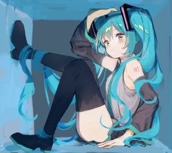 Rule 34 | 1girl, :t, against wall, aqua eyes, aqua hair, aqua necktie, bare shoulders, black skirt, black sleeves, black thighhighs, blush, closed mouth, cramped, detached sleeves, expressionless, from side, full body, grey shirt, hair ornament, hand up, hatsune miku, highres, knee up, leg up, long hair, looking at viewer, miniskirt, necktie, nprmtp, shirt, shoulder tattoo, skirt, sleeveless, sleeveless shirt, solo, tattoo, thighhighs, twintails, very long hair, vocaloid