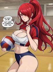Rule 34 | 1girl, ball, black buruma, blurry, blurry background, breasts, buruma, cleavage, cleavage cutout, clothing cutout, commentary, cowboy shot, cropped shirt, english commentary, english text, from side, gym, hair over one eye, highres, holding, holding ball, indoors, kirijou mitsuru, large breasts, lepypepy, long hair, looking at viewer, looking to the side, mixed-language commentary, navel, persona, persona 3, playing sports, playing with own hair, ponytail, red eyes, red hair, short sleeves, solo, speech bubble, volleyball, volleyball (object)