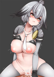 Rule 34 | 10s, 1girl, armband, bad id, bad pixiv id, bikini, bikini top only, black gloves, black hair, bottomless, breasts, censored, cum, cum in pussy, female pubic hair, girl on top, gloves, grey hair, grey thighhighs, head wings, highres, inverted nipples, kemono friends, large breasts, low ponytail, mapar, mosaic censoring, multicolored hair, necktie, nipples, open clothes, open shirt, pubic hair, pussy, sex, shirt, shoebill (kemono friends), solo focus, swimsuit, thighhighs, vaginal, wings, yellow eyes