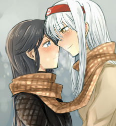Rule 34 | 10s, 2girls, bai lao shu, cold, eye contact, female focus, houshou (kancolle), kantai collection, long hair, looking at another, multiple girls, scarf, shared clothes, shared scarf, shoukaku (kancolle), smile, yuri