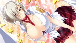 Rule 34 | 1girl, amagai yukino, between breasts, breasts, cleavage, covered erect nipples, eyes visible through hair, game cg, hair over one eye, hand on own thigh, large breasts, looking at viewer, navel, necktie, necktie between breasts, no bra, plaid, plaid skirt, platinum blonde hair, school uniform, skirt, smile, solo focus, star (symbol), torn clothes, tsukugami kitsune, tsuyokiss, tsuyokiss festival, yellow eyes