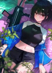 Rule 34 | 1girl, absurdres, alternate costume, animal ears, black choker, black hair, black shorts, blue archive, blue jacket, blurry, blurry foreground, blush, breasts, cat ears, choker, crop top, depth of field, dolphin shorts, extra ears, ggoc ill, gun sling, halo, highres, jacket, jacket partially removed, kazusa (blue archive), looking at viewer, medium breasts, midriff, navel, pink eyes, pink hair, raglan sleeves, rash guard, short hair, shorts, solo, weapon request