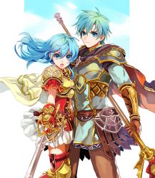 Rule 34 | 1boy, 1girl, :o, ahoge, aqua hair, armor, black cape, blue eyes, blue hair, boots, brother and sister, brown pants, cape, clothes lift, eirika (fire emblem), ephraim (fire emblem), fire emblem, fire emblem: the sacred stones, fire emblem heroes, floating cape, floating hair, gloves, gold armor, green eyes, grey armor, hair between eyes, highres, holding, holding polearm, holding spear, holding sword, holding weapon, knee pads, light blue hair, long hair, looking at viewer, nana (nanalog76), nintendo, open mouth, pants, pauldrons, pleated skirt, polearm, red footwear, red shirt, shirt, short hair, short sleeves, shoulder armor, siblings, side-by-side, skirt, skirt lift, spear, standing, sword, thigh boots, thighhighs, weapon, white cape, white skirt