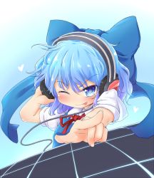 Rule 34 | 1girl, :p, blue eyes, blue hair, bow, cirno, foreshortening, hair bow, headphones, matching hair/eyes, one eye closed, pointing, solo, symbol-shaped pupils, tec, tongue, tongue out, touhou, upper body, wink
