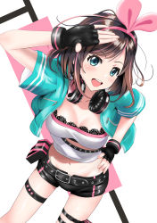 Rule 34 | 1girl, :d, aqua eyes, aqua jacket, arm up, asymmetrical clothes, belt, black belt, black gloves, black shorts, blush, bob cut, breasts, brown hair, cleavage, collarbone, commentary request, crop top, cropped jacket, dutch angle, fingerless gloves, gibun (sozoshu), gloves, hairband, hand on own hip, headphones, headphones around neck, highres, holster, hood, hood down, hooded jacket, jacket, kizuna ai, kizuna ai (a.i. games), kizuna ai inc., lace, lace-trimmed shirt, lace trim, leaning forward, legs apart, looking at viewer, loose belt, medium breasts, micro shorts, multicolored hair, navel, official alternate costume, open clothes, open jacket, open mouth, pink hair, pink hairband, round teeth, shirt, short hair, short shorts, short sleeves, shorts, smile, solo, standing, stomach, strapless, streaked hair, swept bangs, teeth, thigh holster, thigh strap, tube top, two-tone hair, unzipped, virtual youtuber, white shirt