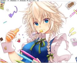 Rule 34 | 1girl, beige hair, blue dress, blue eyes, bow, breasts, candy, commentary request, cropped, crumbs, cup ramen, dress, eyes visible through hair, food, hair bow, hand up, izayoi sakuya, juice, looking at viewer, maid, maid headdress, medium breasts, mickey dunn, mouth hold, noodles, puffy short sleeves, puffy sleeves, ribbon, shirt, short hair, short sleeves, simple background, sleeveless, sleeveless dress, solo, touhou, unfinished, white background, white shirt, wrist cuffs