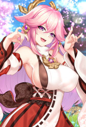 Rule 34 | 1girl, absurdres, bare shoulders, blouse, blush, breasts, detached sleeves, fox shadow puppet, genshin impact, hair ornament, highres, japanese clothes, jewelry, kimono, large breasts, long hair, looking at viewer, miko, necklace, nez-box, open mouth, pendant, pink hair, purple eyes, red skirt, shirt, sidelocks, skirt, sleeveless, sleeveless kimono, sleeveless shirt, smile, solo, thighs, very long hair, white kimono, white shirt, wide sleeves, yae miko