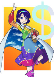 Rule 34 | 1girl, artist request, blue hair, boots, breasts, cape, cloak, closed mouth, dollar sign, dress, eyelashes, hairband, highres, light blush, long sleeves, multicolored clothes, multicolored dress, multicolored hairband, one-hour drawing challenge, patchwork clothes, pink footwear, pointing, pointing down, pointing up, rainbow gradient, red button, short hair, sky print, small breasts, smile, tenkyuu chimata, torn cape, torn clothes, touhou, two-sided cape, two-sided fabric, white cape, white cloak