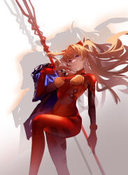 Rule 34 | 1girl, absurdres, artist request, ass, blue eyes, bodysuit, breasts, brown hair, curvy, expressionless, hair between eyes, highres, holding, holding clothes, holding jacket, holding weapon, interface headset, jacket, lance of longinus (evangelion), long hair, looking at viewer, medium breasts, neon genesis evangelion, pilot suit, plugsuit, polearm, red bodysuit, red headwear, simple background, solo, souryuu asuka langley, twintails, two side up, very long hair, weapon