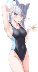 Rule 34 | 1girl, absurdres, animal ear fluff, animal ears, black one-piece swimsuit, blue archive, blue eyes, breasts, competition swimsuit, covered navel, cross hair ornament, extra ears, grey hair, hair ornament, halo, highres, low ponytail, medium breasts, medium hair, mismatched pupils, mouth hold, multicolored clothes, multicolored swimsuit, official alternate costume, one-piece swimsuit, onemuikun-b, shiroko (blue archive), shiroko (swimsuit) (blue archive), simple background, smile, solo, standing, swimsuit, white background, wolf ears
