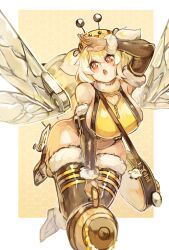 Rule 34 | 1girl, absurdres, alvis (last origin), bag, bare shoulders, bee, bee costume, bee wings, breasts, bug, bug costume, character request, female focus, flying, highres, honey, insect, large breasts, larribee, last origin, leotard, red eyes, shiny skin, solo, sparkling eyes, standing, thick thighs, thighs, white hair, wide hips, wings