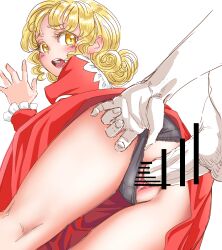 Rule 34 | 1boy, 1girl, against wall, bar censor, black panties, blonde hair, blush, censored, clitoris, clothes lift, clothing aside, commentary request, curly hair, dress, dress lift, elly (touhou), eyelashes, frilled sleeves, frills, hetero, highres, looking at another, medium hair, no headwear, nose, open mouth, panties, panties aside, penis, pussy, red dress, s-a-murai, sex, teeth, testicles, tongue, touhou, touhou (pc-98), underwear, upper teeth only, vaginal, veins, veiny penis, white background, yellow eyes