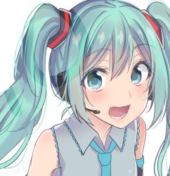 Rule 34 | 1girl, aqua eyes, aqua hair, aqua necktie, asa (coco), blush, colored eyelashes, dated, detached sleeves, hair between eyes, hatsune miku, headset, looking at viewer, music, necktie, open mouth, pink lips, shirt, simple background, singing, sleeveless, sleeveless shirt, solo, teeth, twintails, upper body, vocaloid, white background