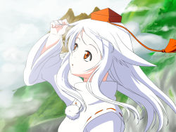 Rule 34 | 1girl, :o, alternate hairstyle, arm up, cloud, day, female focus, hat, head tilt, high collar, holding, holding hair, inubashiri momiji, long hair, long sleeves, looking up, mountain, pom pom (clothes), red eyes, sachishiro pengin, sky, solo, tassel, tokin hat, touhou, upper body, vest, white hair, wide sleeves, wind