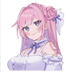 Rule 34 | 1girl, blush, braid, breasts, closed mouth, cropped torso, detached sleeves, dorothy (nikke), dress, frilled dress, frills, goddess of victory: nikke, hair bun, hair intakes, hair ribbon, hnmk5874, large breasts, lips, long hair, pink hair, purple eyes, ribbon, sidelocks, simple background, smile, solo, upper body, white background, white dress