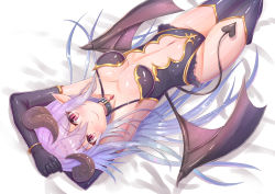Rule 34 | 1girl, armpits, arms up, bare shoulders, bed sheet, black gloves, black leotard, black thighhighs, bracelet, breasts, center opening, choker, cleavage, closed mouth, cocoasabure, collarbone, commentary request, demon girl, demon horns, demon tail, demon wings, elbow gloves, gloves, halterneck, highres, horns, jewelry, leotard, light purple hair, long hair, looking at viewer, lying, medium breasts, navel, on back, original, pointy ears, purple eyes, sidelocks, slit pupils, smile, solo, stomach, tail, thighhighs, thighs, very long hair, wings