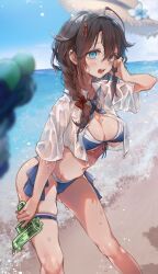 Rule 34 | 1girl, beach, blue eyes, blush, breasts, brown hair, cleavage, collared shirt, feet out of frame, hair between eyes, hat, highres, holding, holding water gun, kantai collection, large breasts, long hair, nsvel, ocean, official alternate costume, open clothes, open mouth, open shirt, ruohire9, shigure (kancolle), shigure kai san (kancolle), shirt, solo, straw hat, thigh strap, water gun, wet, wet clothes, wet shirt, white shirt