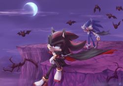 Rule 34 | 2boys, artist request, bandages, bat (animal), cane, cape, crescent moon, gloves, green eyes, halloween, highres, male focus, moon, multiple boys, no humans, red eyes, shadow the hedgehog, shoes, sitting, smile, sonic the hedgehog, sonic (series)