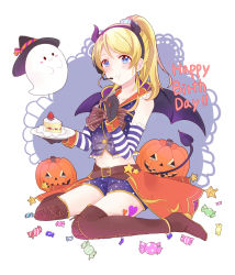 Rule 34 | 1girl, :t, absurdres, ayase eli, belt, black gloves, black hairband, blonde hair, blue eyes, blue shorts, boots, bow, bowtie, brown footwear, cake, collarbone, crop top, demon tail, detached sleeves, fake horns, food, ghost, gloves, hair ornament, hairband, halloween, halloween costume, happy birthday, high ponytail, highres, horns, jack-o&#039;-lantern, knee boots, long hair, love live!, love live! school idol festival, love live! school idol project, microphone, midriff, mugi tm, navel, pumpkin, short shorts, shorts, simple background, sitting, sleeveless, solo, stomach, striped bow, striped bowtie, striped clothes, tail, v-shaped eyebrows, waist cape, white background