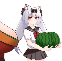 Rule 34 | 2girls, :v, animal ears, azur lane, black bow, black sailor collar, black skirt, blush, bow, bowtie, breast envy, breasts, cat ears, cat girl, commentary request, food, frown, fruit, glitchcampus, hair between eyes, hair bow, holding, holding food, holding fruit, large breasts, long hair, looking at another, looking at breasts, melon, miniskirt, multiple girls, orange eyes, pleated skirt, red bow, red bowtie, sailor collar, school uniform, serafuku, short sleeves, skirt, small breasts, solo focus, staring, taihou (azur lane), twintails, very long hair, white hair, white serafuku, yukikaze (azur lane)