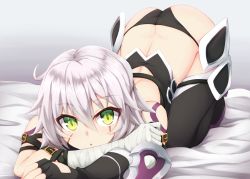 Rule 34 | 1girl, absurdres, arm belt, ass, back, bandaged arm, bandages, bare shoulders, bed sheet, black gloves, black panties, black thighhighs, blush, breasts, crop top, dagger, facial scar, fate/apocrypha, fate/grand order, fate (series), fingerless gloves, gloves, green eyes, highres, holding, holding dagger, holding knife, holding weapon, jack the ripper (fate/apocrypha), knife, kuzukiri (riezenagel), looking at viewer, open mouth, panties, purple footwear, scar, scar across eye, scar on cheek, scar on face, short hair, shoulder tattoo, silver hair, single glove, slit pupils, small breasts, tattoo, thighhighs, thighs, top-down bottom-up, underwear, weapon