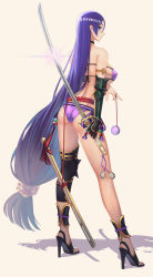 Rule 34 | 1girl, ass, belt, bikini, breasts, curvy, eyepatch bikini, fate/grand order, fate (series), female focus, from behind, full body, high heels, highres, holding, holding sword, holding weapon, katana, large breasts, long hair, looking at viewer, looking back, minamoto no raikou (fate), minamoto no raikou (fate/grand order), minamoto no raikou (swimsuit lancer) (fate), minamoto no raikou (swimsuit lancer) (third ascension) (fate), purple bikini, purple eyes, purple hair, scabbard, shadow, sheath, shoes, sideboob, simple background, solo, standing, swimsuit, sword, takehisa tomomi, very long hair, weapon
