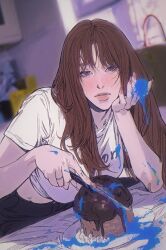 Rule 34 | 1girl, black pants, blue eyes, blush, breasts, brown hair, cbb (tuucoo), cropped shirt, cutting, food, hand on own cheek, hand on own face, highres, holding, holding knife, k-pop, knife, leaning forward, liquid, long hair, looking at viewer, medium breasts, muffin, pants, parted lips, pink lips, plate, real life, red velvet (group), shirt, sitting, solo, wendy (red velvet), white shirt