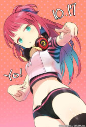 Rule 34 | 1girl, alice gear aegis, aqua eyes, birthday, breasts, commentary request, cowboy shot, crop top, dated, dotted background, double v, fujino yayoi, gradient background, headphones, headphones around neck, long hair, looking at viewer, micro shorts, navel, official art, parted lips, red hair, shimada fumikane, shorts, small breasts, solo, v