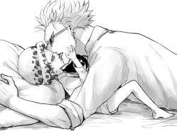 Rule 34 | 2boys, age difference, aged down, blush, cheese neko3, donquixote doflamingo, earrings, feet, french kiss, full-face blush, hand on another&#039;s face, height difference, highres, jewelry, kiss, male focus, monochrome, multiple boys, one piece, onii-shota, pillow, saliva, shirt, short hair, shorts, size difference, sunglasses, tongue, tongue out, trafalgar law, yaoi